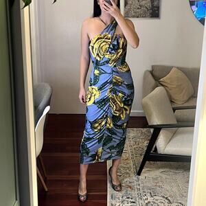 Marchesa Notte Midi Floral Dress Size 6 blue yellow sleeveless cross neck